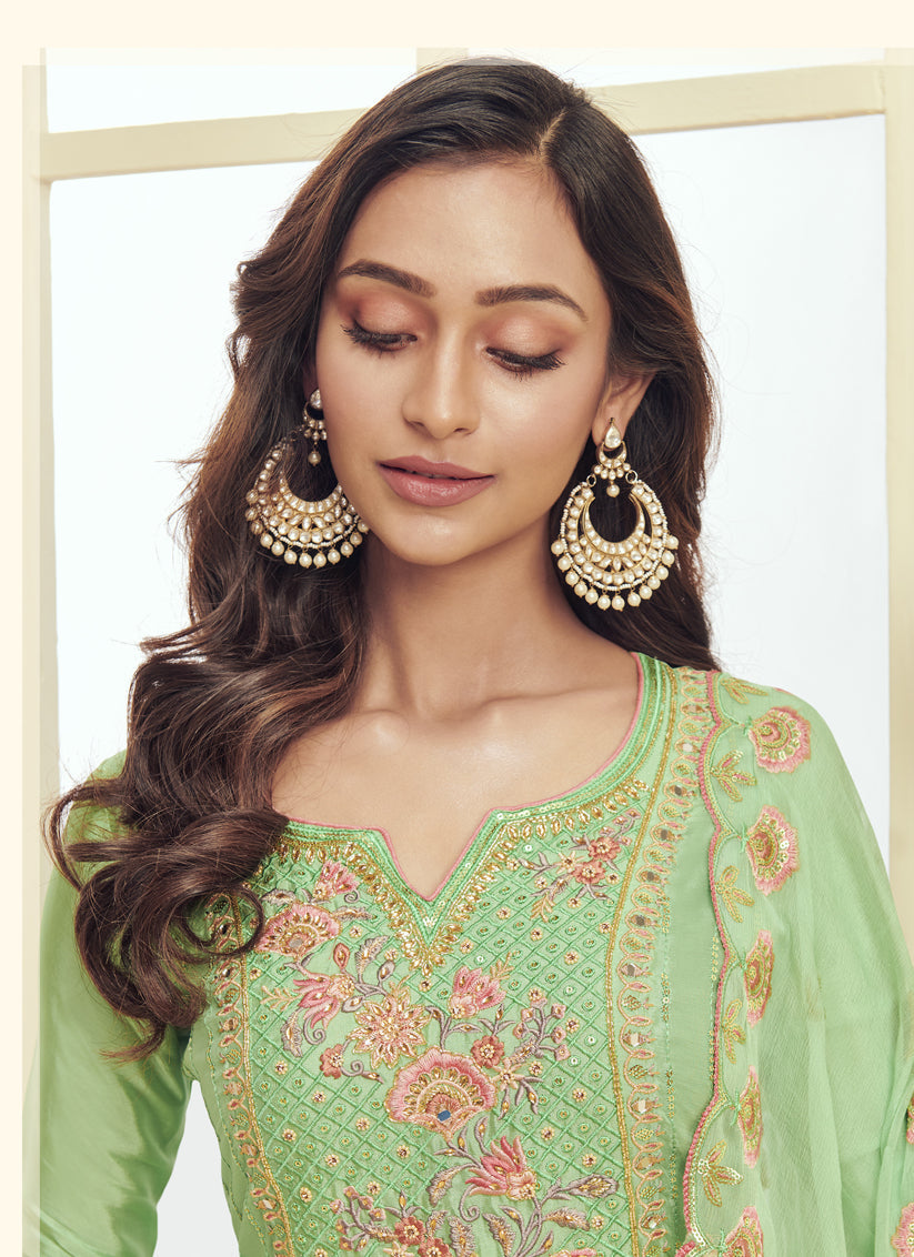 Mint Green Georgette Embroidered Pant Kameez Set