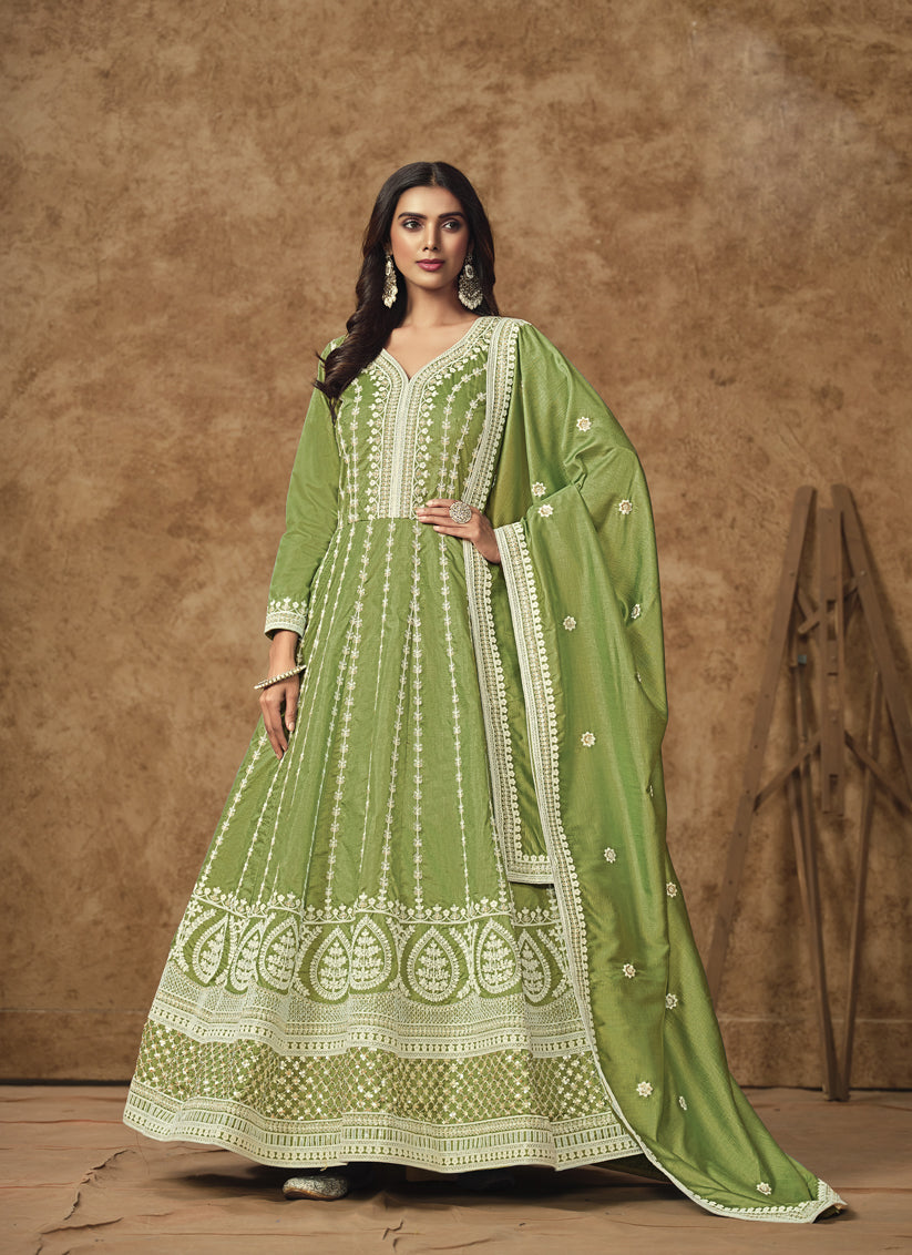 pistachio green dola silk embroidered gown with dupatta