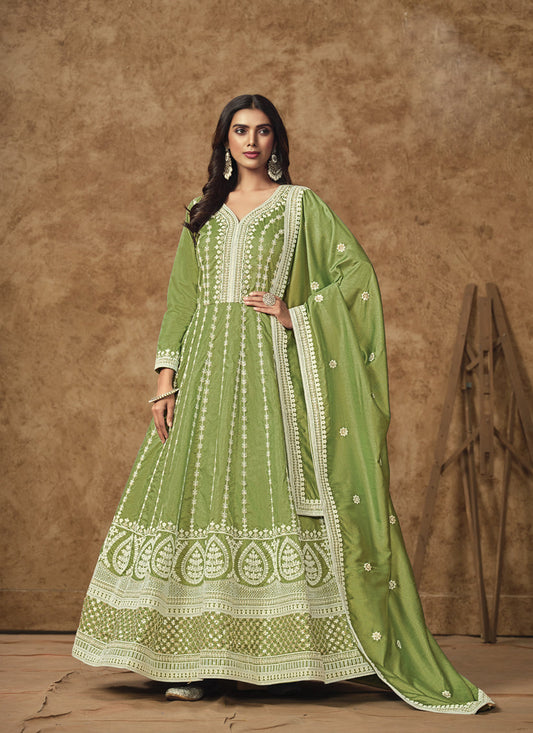 pistachio green dola silk embroidered gown with dupatta