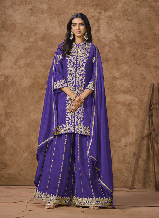 violet chinnon silk embroidered palazzo kameez
