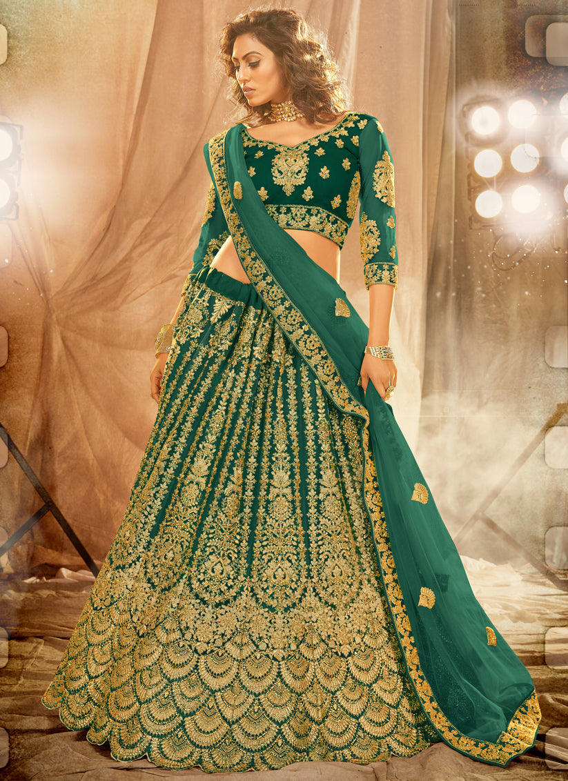 Pine Green Net Heavy Embroidered Wedding Lehenga Choli