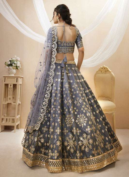 Grey Art Silk Embroidered Lehenga Choli