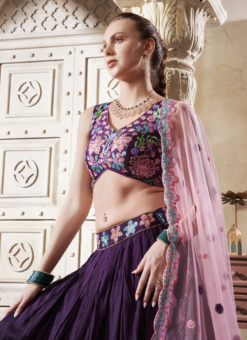 Burgundy Silk Embroidered Designer Lehenga Choli Set
