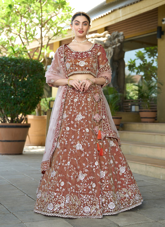 Beautiful Brown Heavy Embroidered Wedding Lehenga Choli Set
