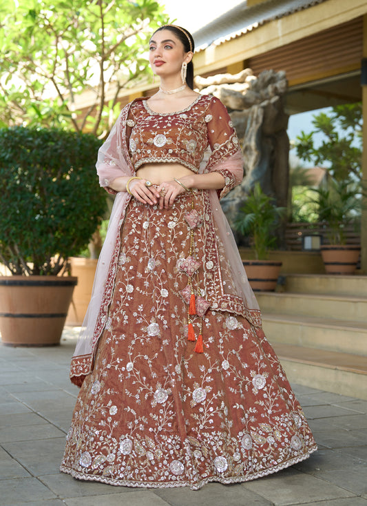 Beautiful Brown Heavy Embroidered Wedding Lehenga Choli Set
