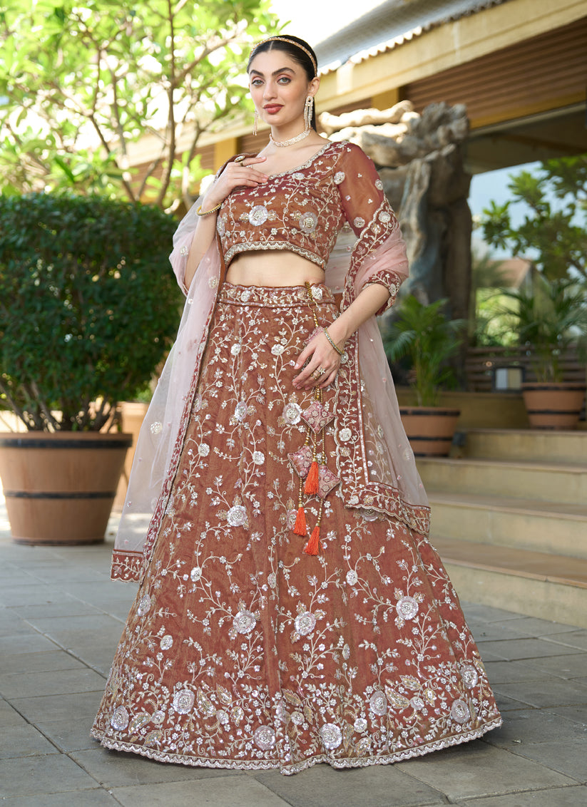 Beautiful Brown Heavy Embroidered Wedding Lehenga Choli Set