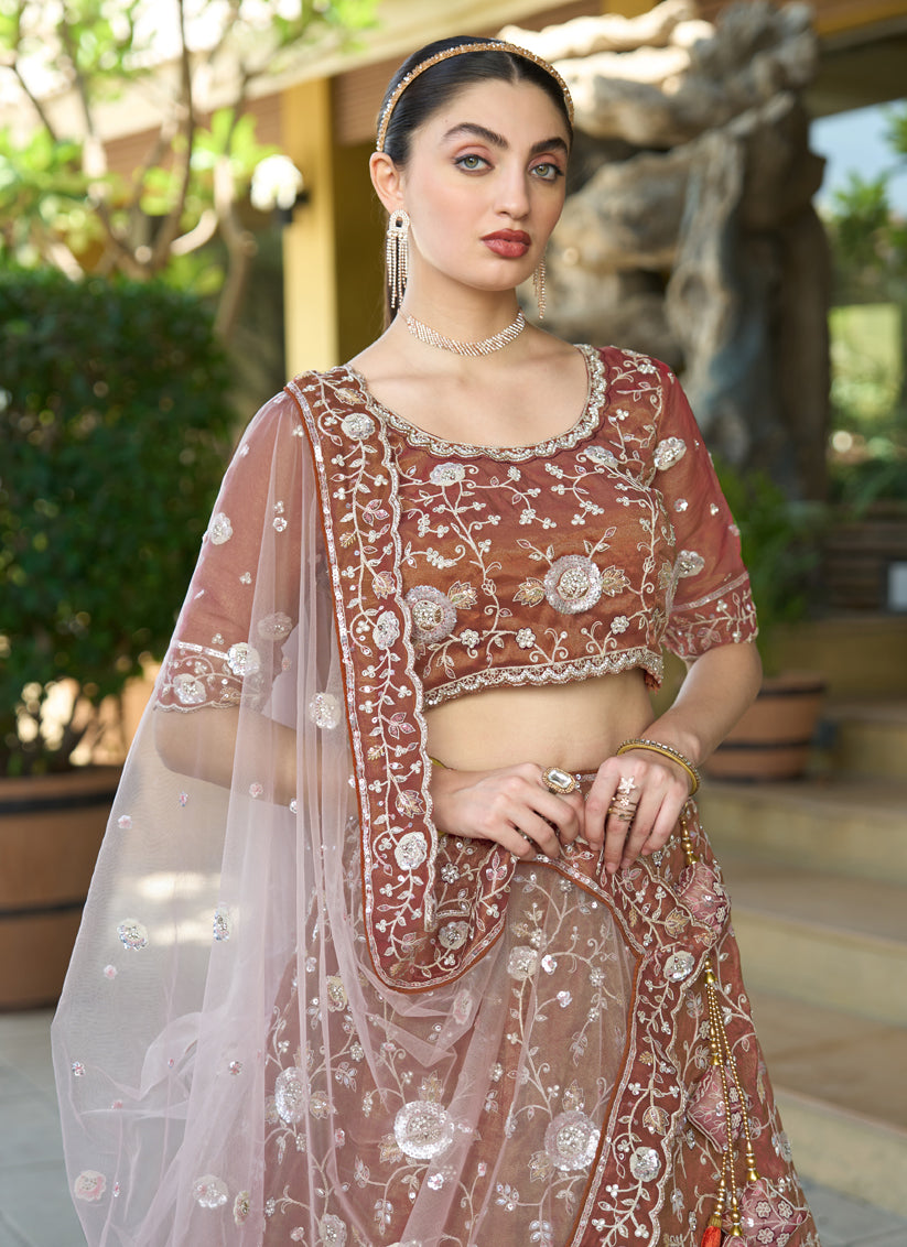 Beautiful Brown Heavy Embroidered Wedding Lehenga Choli Set