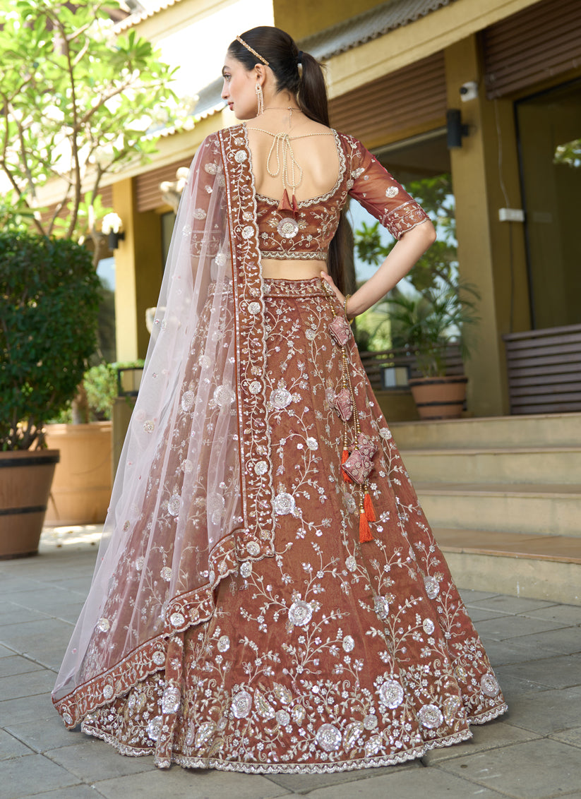 Beautiful Brown Heavy Embroidered Wedding Lehenga Choli Set