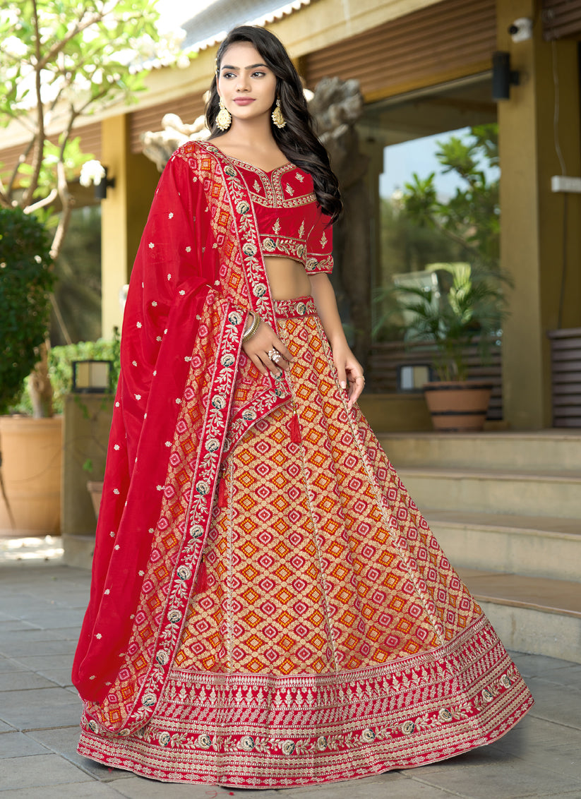 Stylish Red Heavy Embroidered Wedding Lehenga Choli Set
