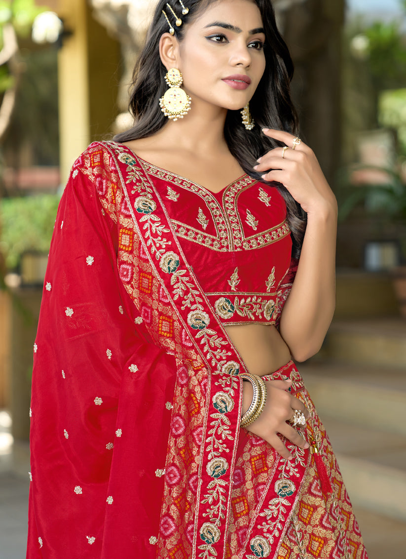 Stylish Red Heavy Embroidered Wedding Lehenga Choli Set