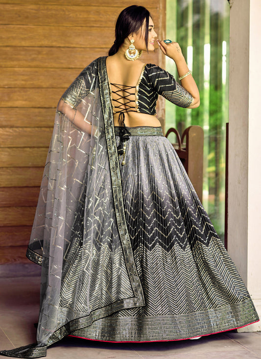 Black and Smoke Grey Chinnon Sequins Embroidered Lehenga Choli