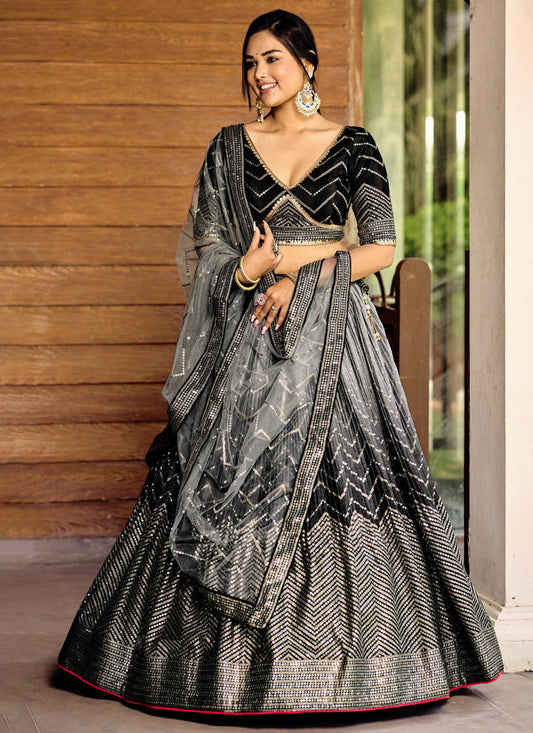 Black and Smoke Grey Chinnon Sequins Embroidered Lehenga Choli