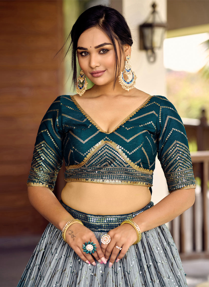 Peacock Blue and Silver Chinnon Sequins Embroidered Lehenga Choli