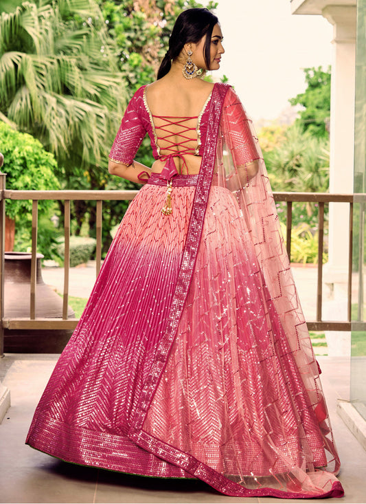 Rani Pink and Coral Pink Chinnon Sequins Embroidered Lehenga Choli