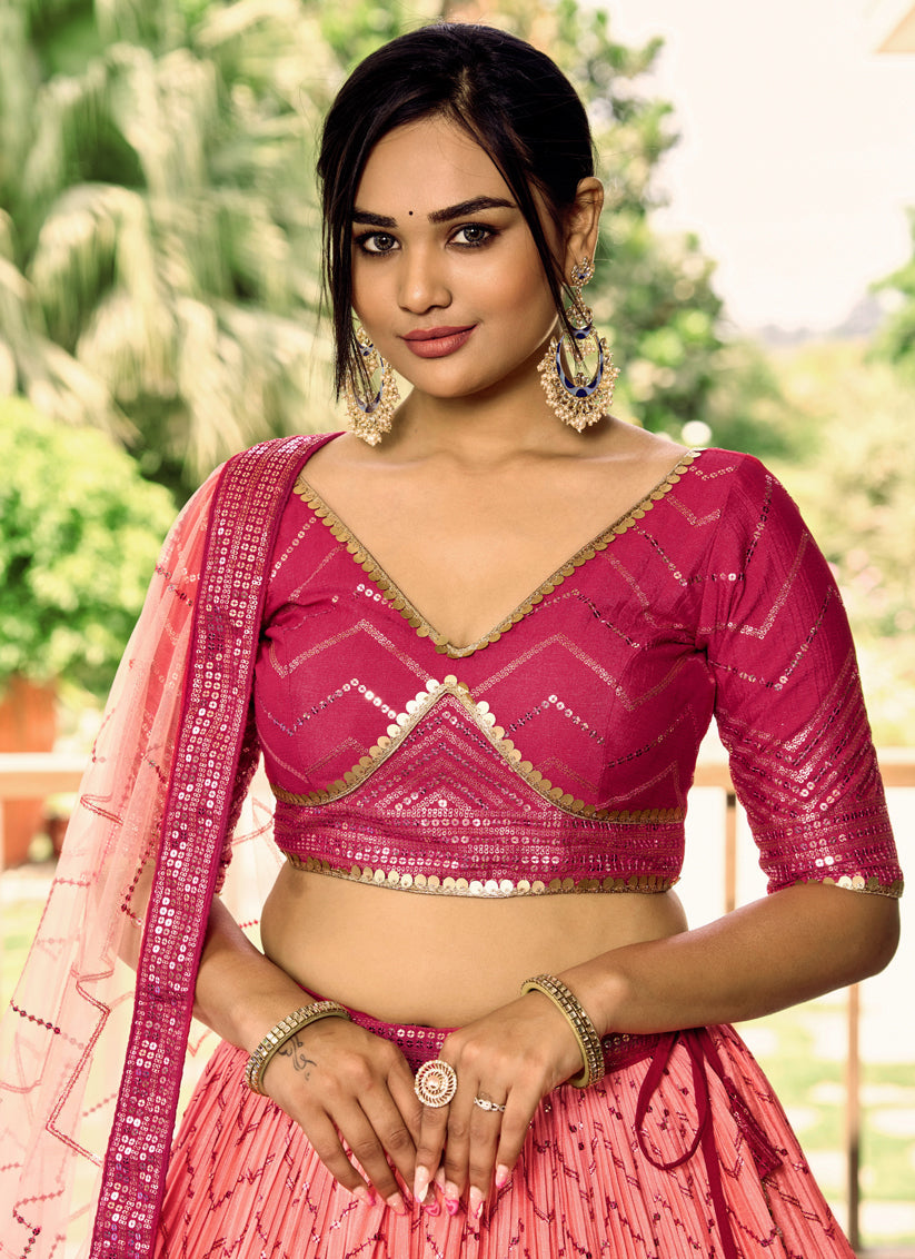 Rani Pink and Coral Pink Chinnon Sequins Embroidered Lehenga Choli
