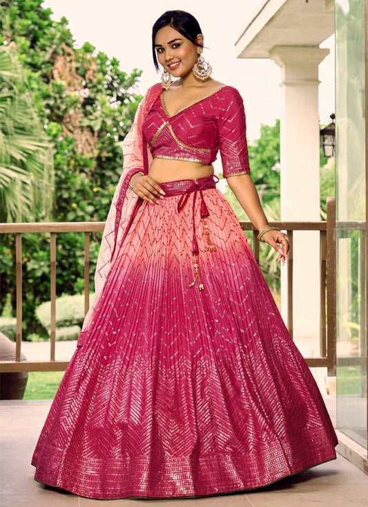 Rani Pink and Coral Pink Chinnon Sequins Embroidered Lehenga Choli