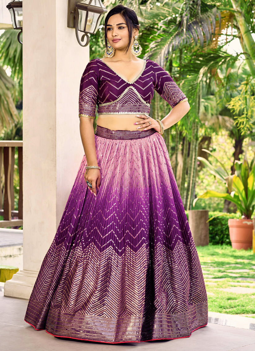 Purple and Lilac Pink Chinnon Sequins Embroidered Lehenga Choli