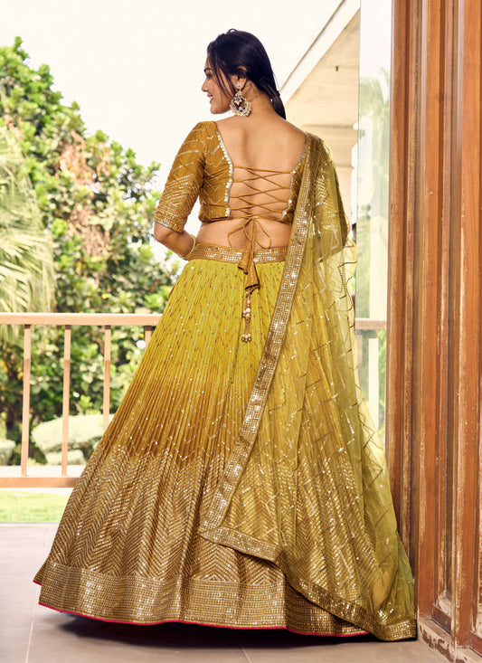 Ombre Mustard Chinnon Sequins Embroidered Lehenga Choli