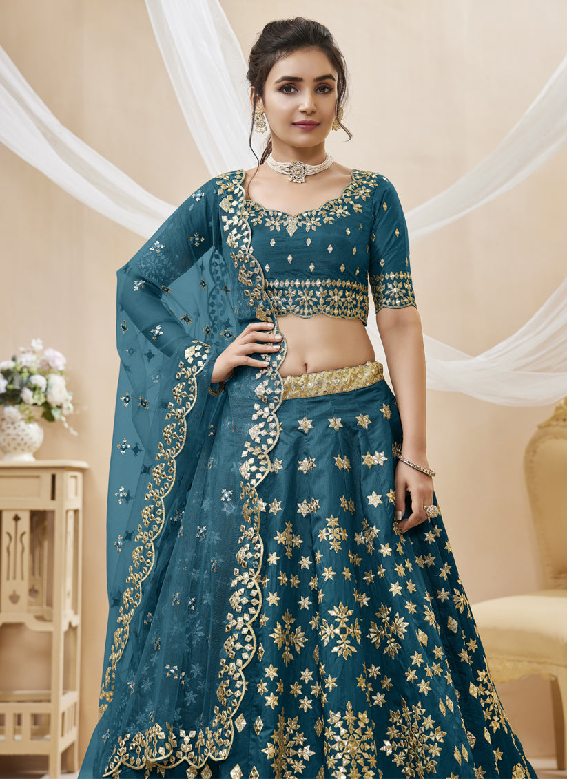 Prussian Blue Art Silk Embroidered Lehenga Choli
