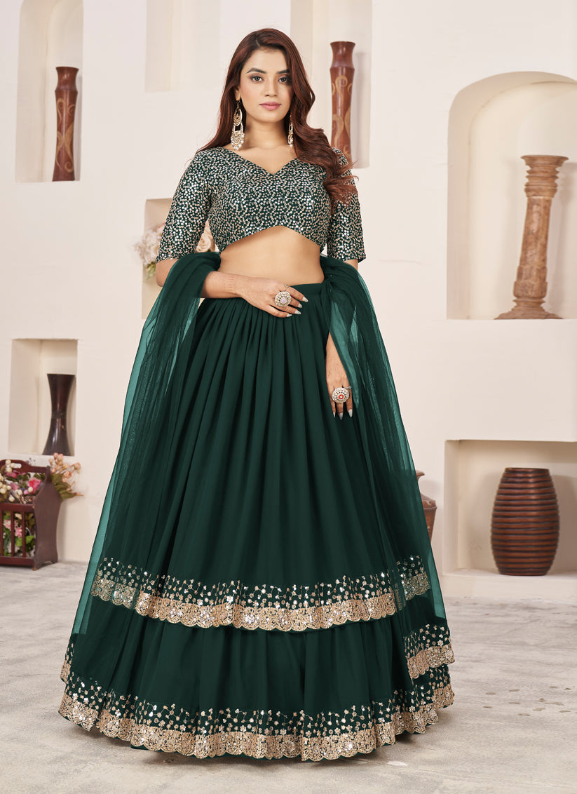 Pine Green Georgette Embroidered Lehenga Choli