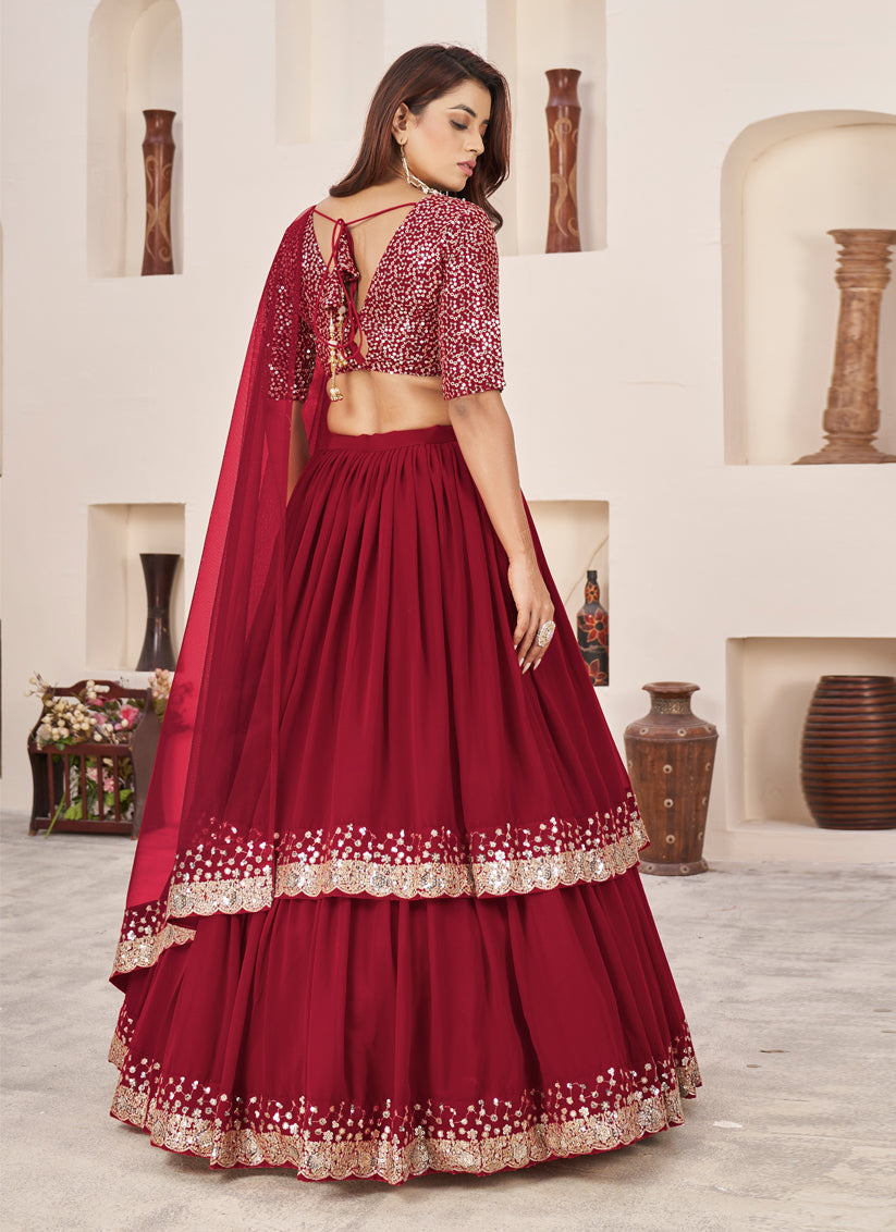 Berry Red Georgette Embroidered Lehenga Choli