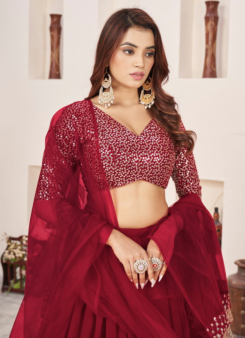 Berry Red Georgette Embroidered Lehenga Choli