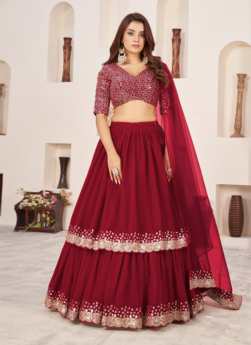 Berry Red Georgette Embroidered Lehenga Choli