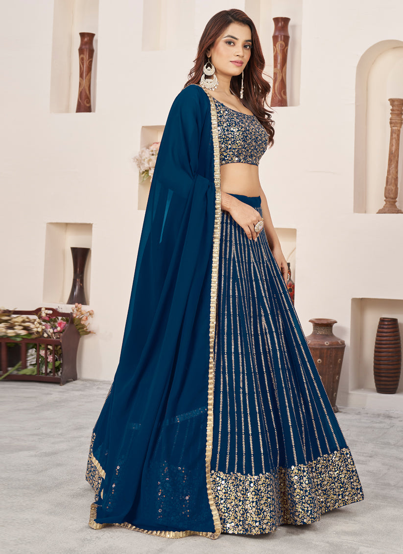 Teal Blue Georgette Embroidered Wedding Lehenga Choli Set