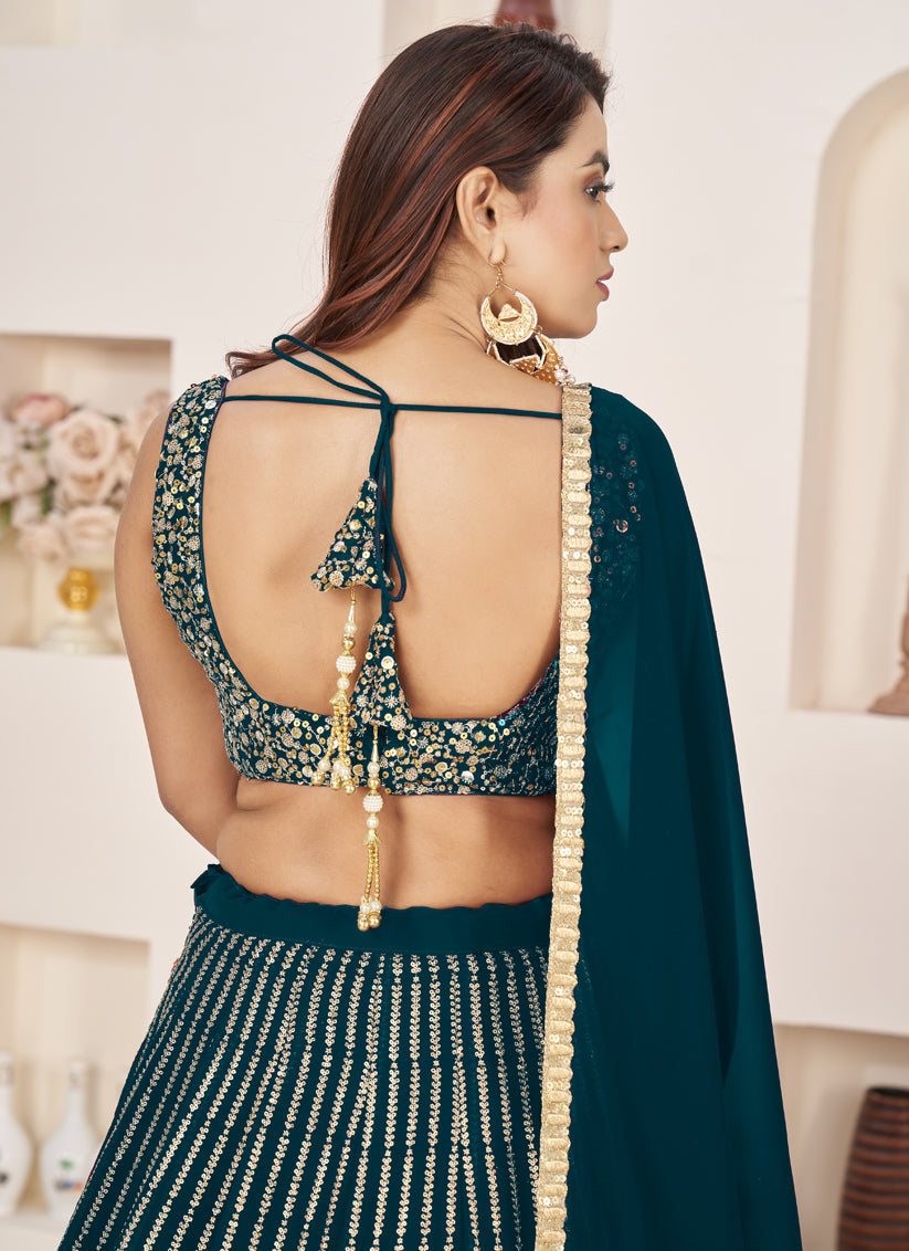 Teal Green Georgette Embroidered Wedding Lehenga Choli Set