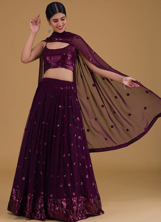 purple embroidered georgette lehenga choli set