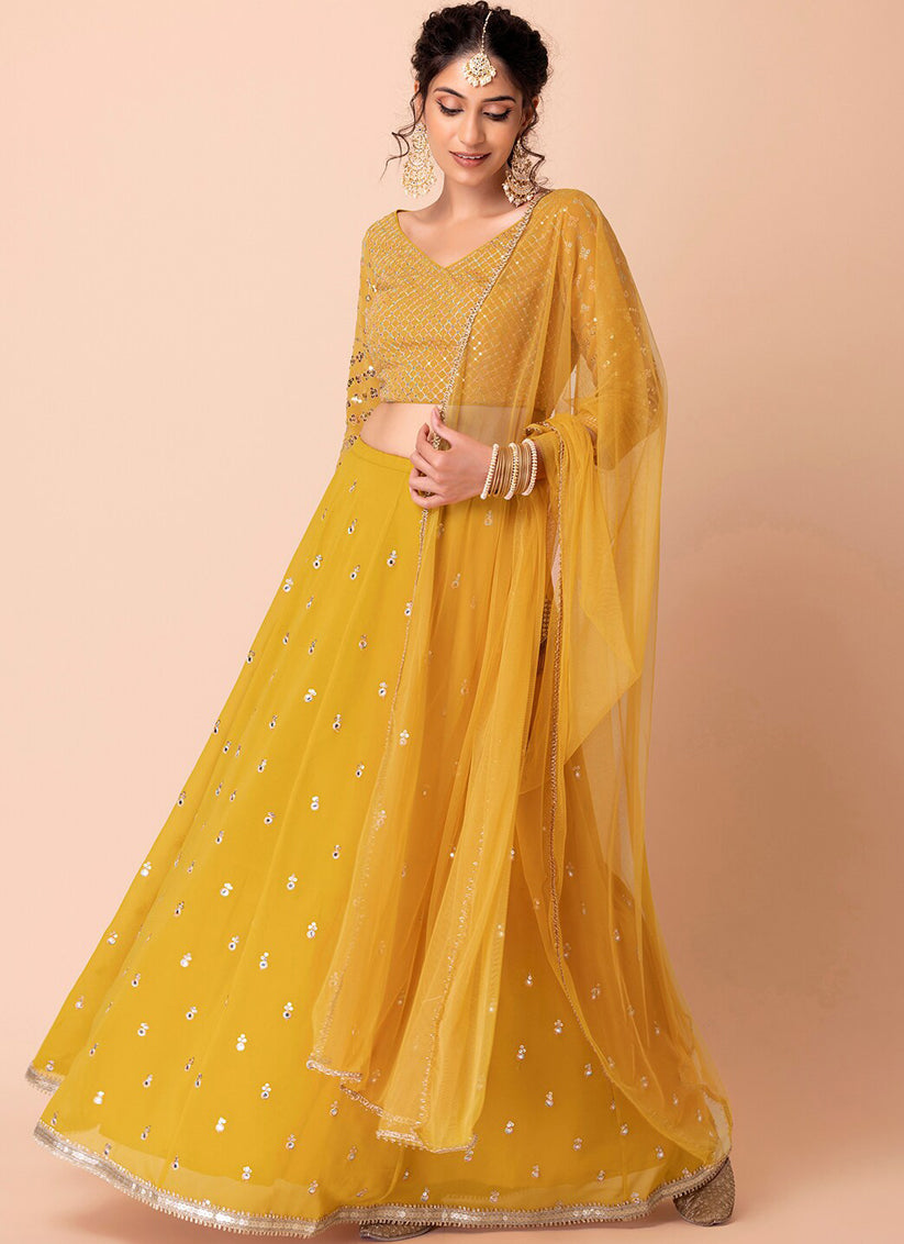 yellow embroidered georgette lehenga choli set