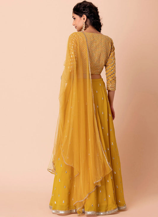 yellow embroidered georgette lehenga choli set