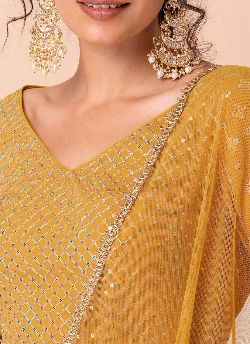 yellow embroidered georgette lehenga choli set