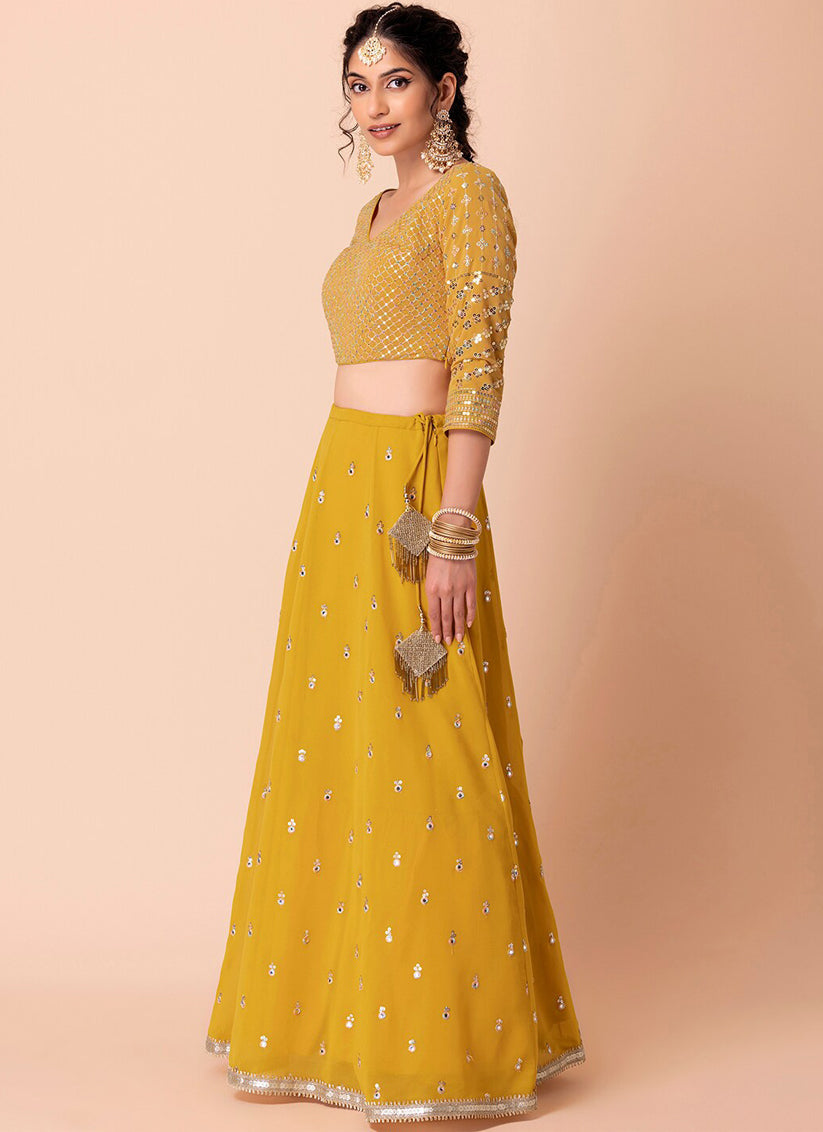 yellow embroidered georgette lehenga choli set