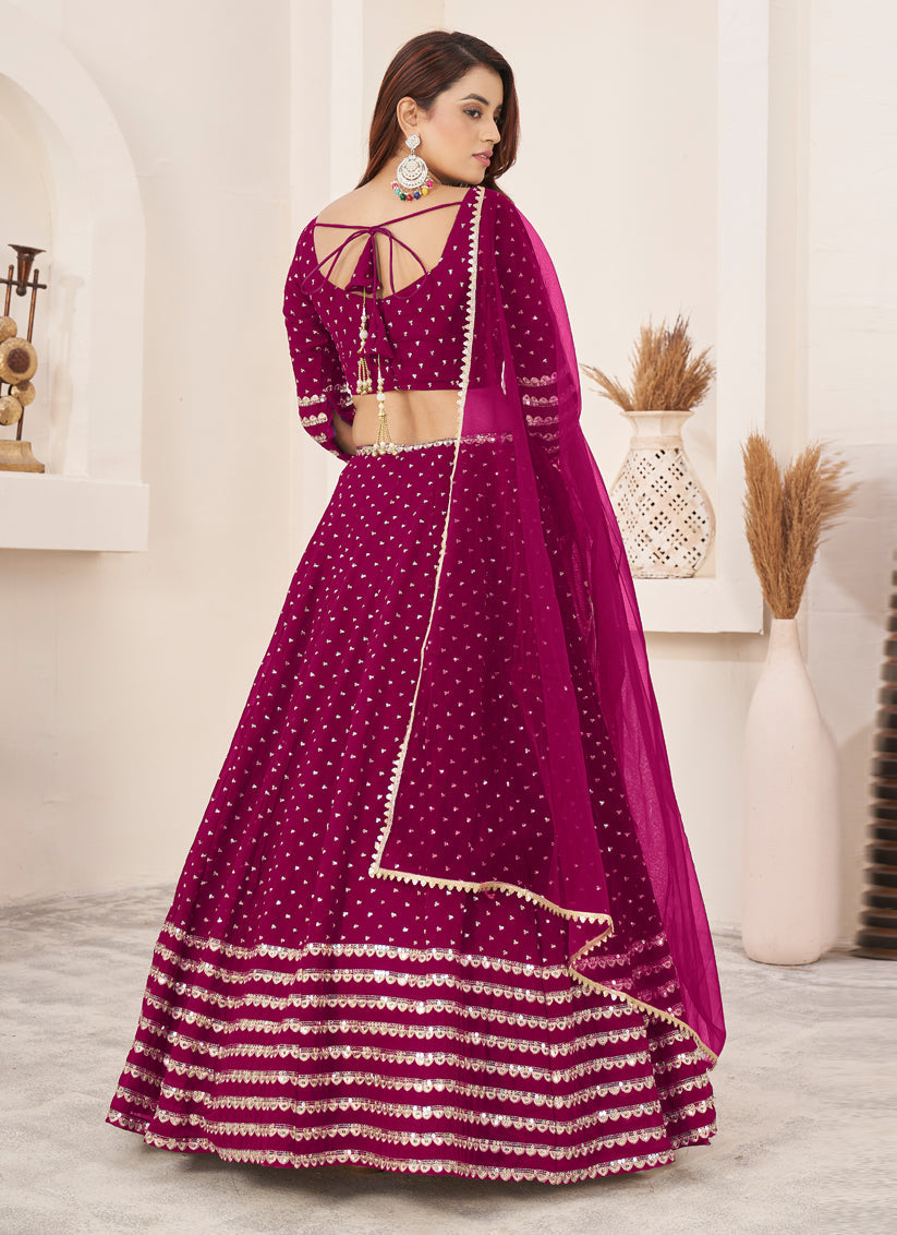 Raspberry Pink Georgette Embroidered Wedding Lehenga Choli Set