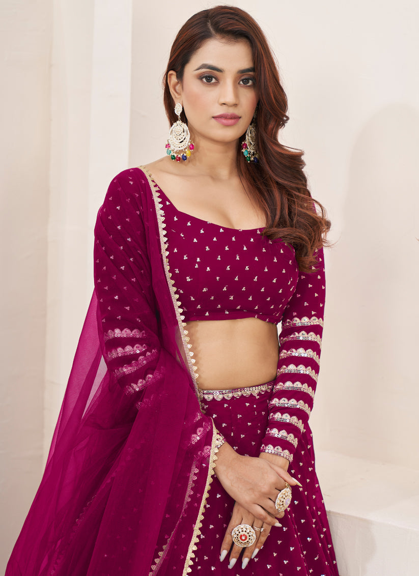 Raspberry Pink Georgette Embroidered Wedding Lehenga Choli Set