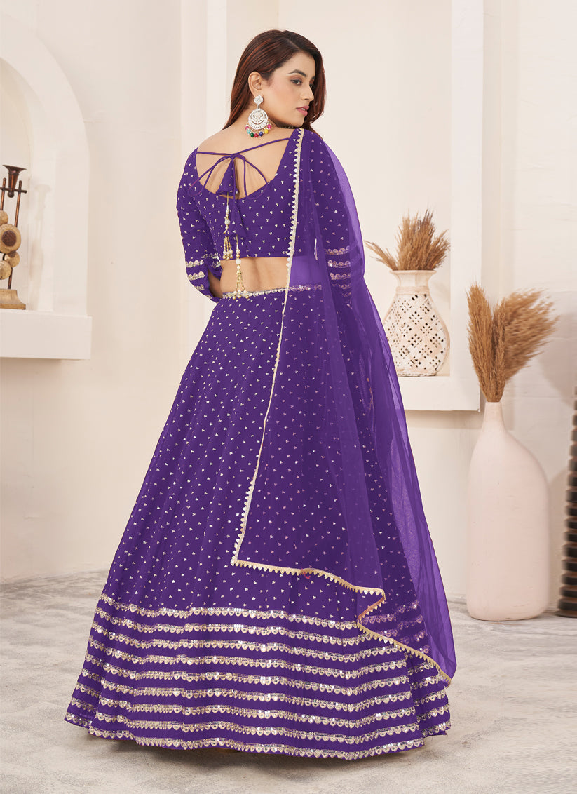 Purple Georgette Embroidered Wedding Lehenga Choli Set