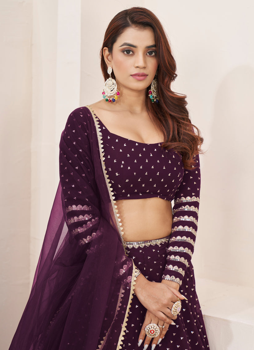 Burgundy Georgette Embroidered Lehenga Choli