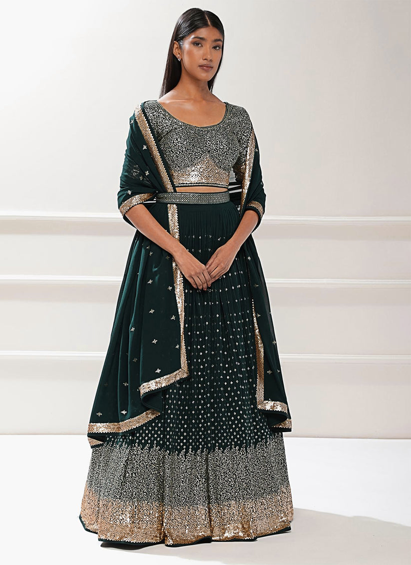 Bottle Green Heavy Designer Georgette Lehenga Choli