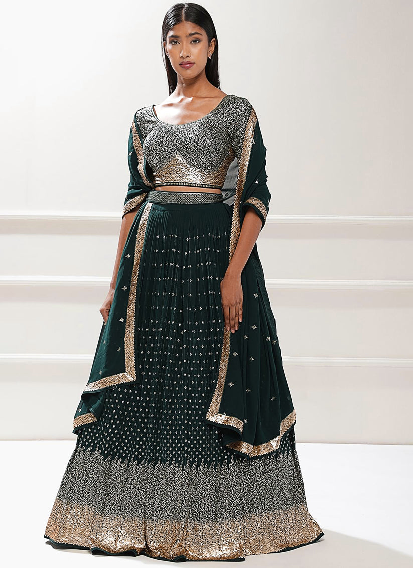 Bottle Green Heavy Designer Georgette Lehenga Choli