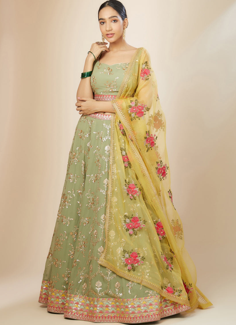 Pista Green Heavy Designer Georgette Lehenga Choli