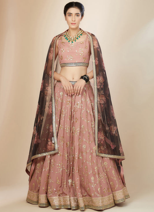 Salmon Pink Heavy Designer Georgette Lehenga Choli