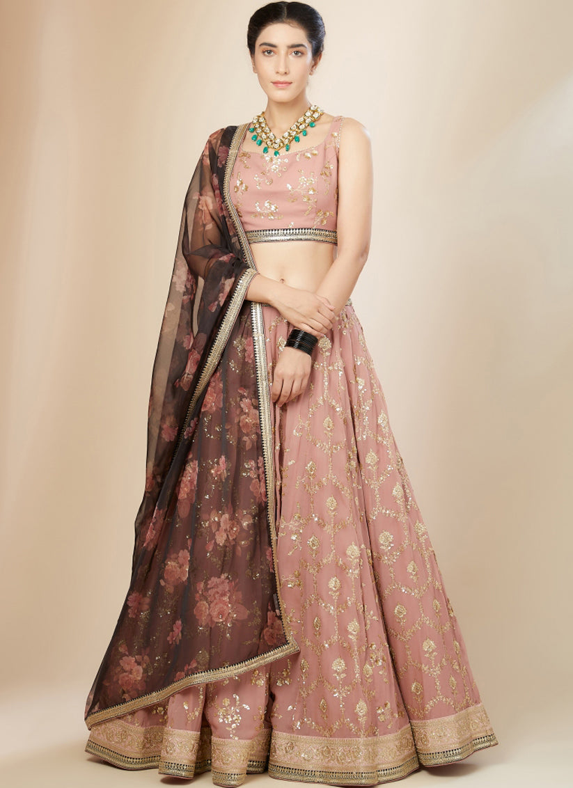 Salmon Pink Heavy Designer Georgette Lehenga Choli
