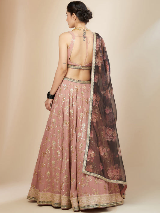 Salmon Pink Heavy Designer Georgette Lehenga Choli
