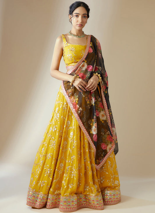 Golden Yellow Heavy Designer Georgette Lehenga Choli