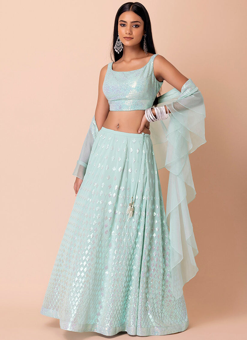 mint blue embroidered georgette lehenga choli set