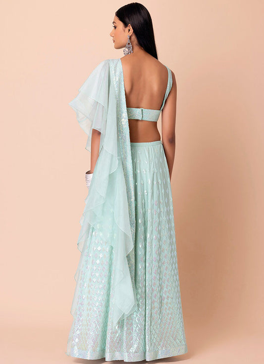 mint blue embroidered georgette lehenga choli set
