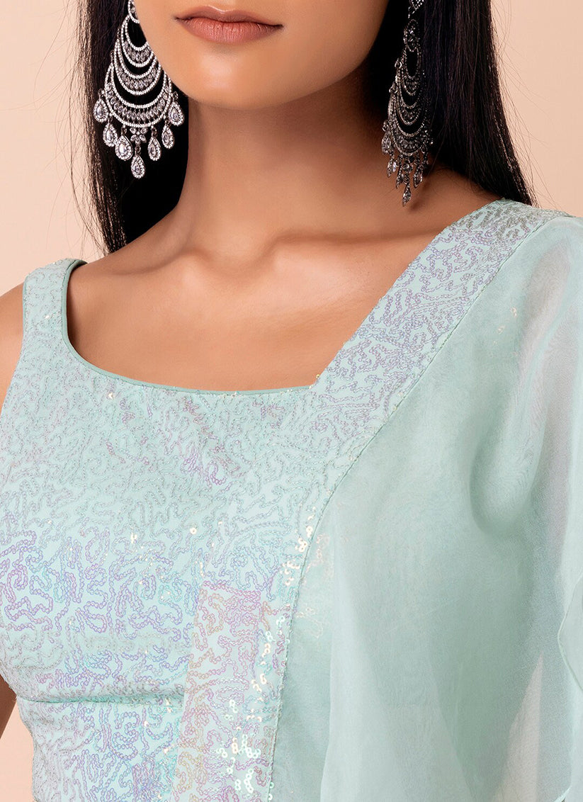 mint blue embroidered georgette lehenga choli set