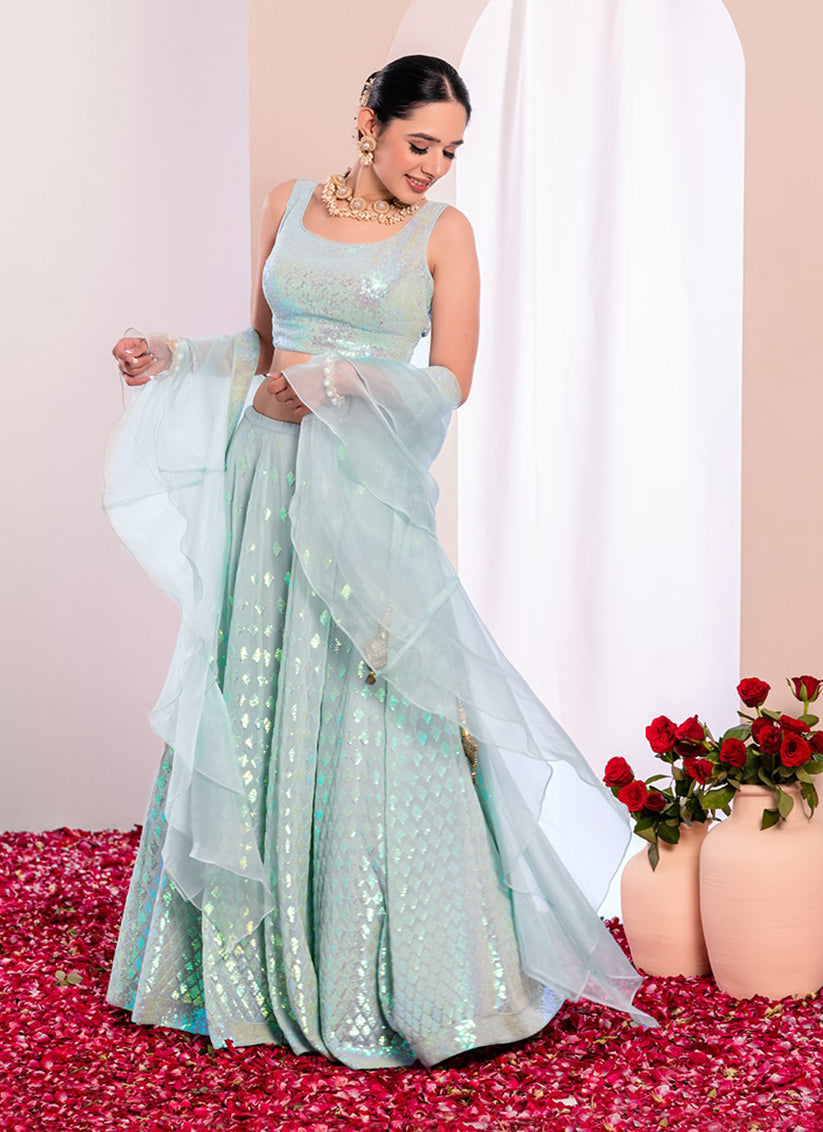 mint blue embroidered georgette lehenga choli set
