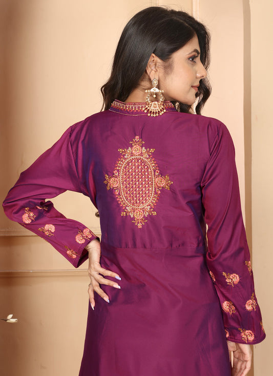 Wine Silk Embroidered Gown For Festival